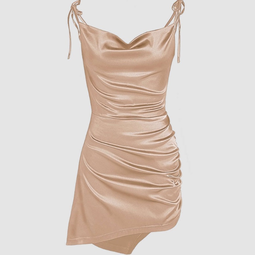 Solid cowl neck mini dress in the color CAMEL by CIDER
